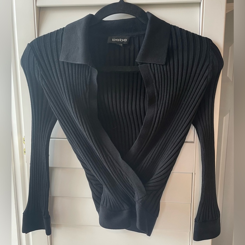 Bebe Elegant Black Ribbed Cropped Wrap Sweater Top SzS 90s Coquette Minimalist